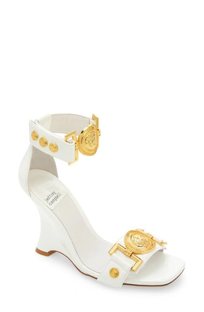 Jeffrey Campbell Leonite Wedge Sandal In White Patent Gold