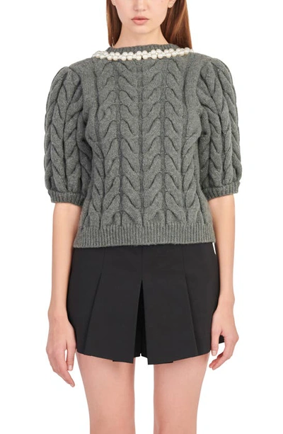 Endless Rose Imitation Pearl Trim Sweater In Charcoal