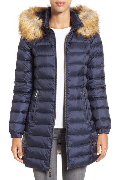 Kate Spade Bow Back Down Coat With Faux Fur Trim In Deep Navy | ModeSens