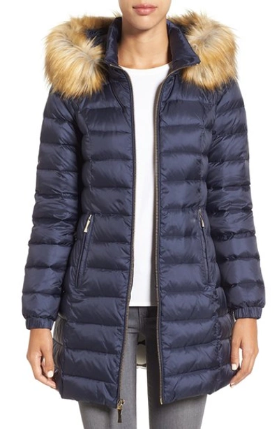 Kate Spade Bow Back Down Coat With Faux Fur Trim In Deep Navy