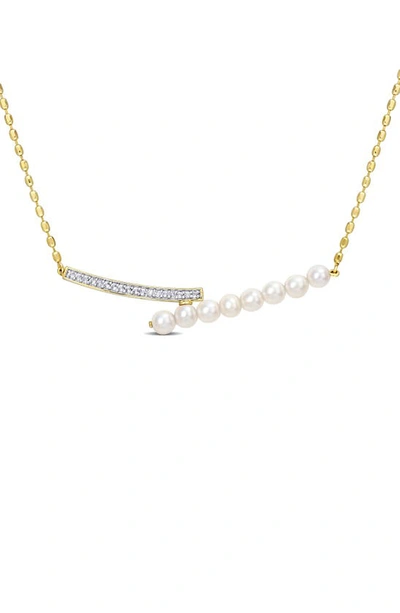 Delmar 14k Gold Plate Sterling Silver 4-4.5mm Cultured Freshwater Pearl Bypass Bar Necklace In Gold/ White