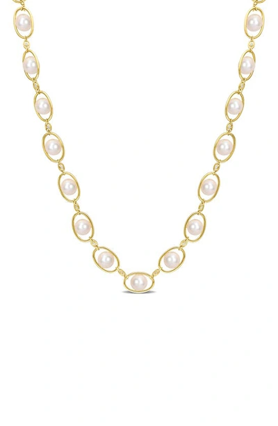 Delmar 14k Gold Plated Sterling Silver 8–8.5mm Cultured Freshwater Pearl & Cz Oval Chain Necklace In Gold/ White