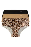 Dkny Litewear Cut Anywhere Assorted 3-pack Hipster Briefs In Black/ Glow/ Leopard