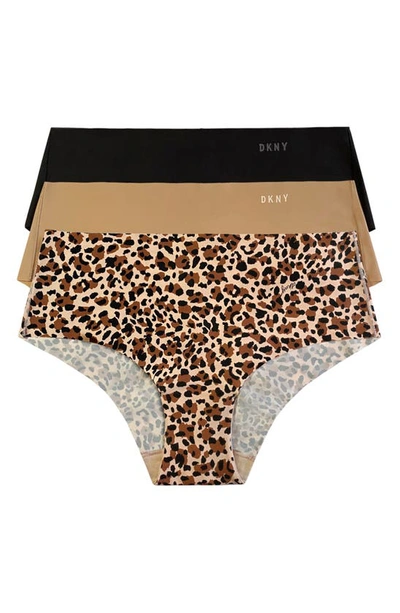 Dkny Litewear Cut Anywhere Assorted 3-pack Hipster Briefs In Black/ Glow/ Leopard