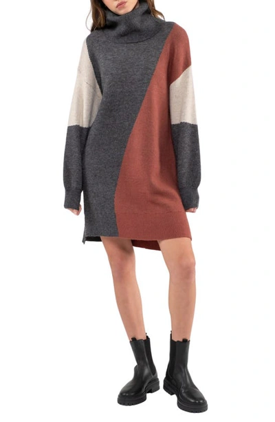 Blu Pepper Colorblock Long Sleeve Turtleneck Sweater Dress In Charcoal Multi