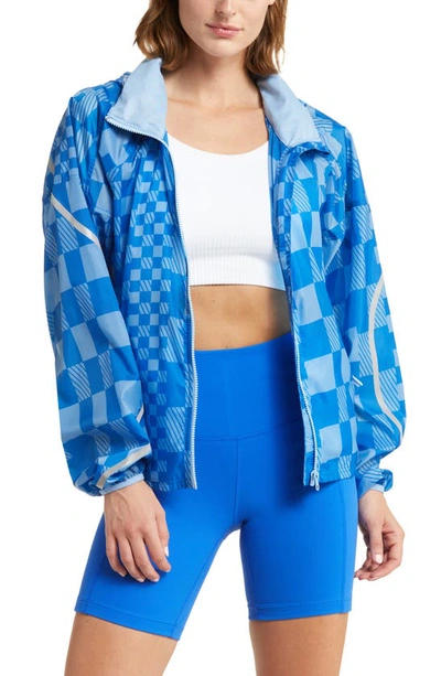 Sweaty Betty Reflective Water Resistant Pack Away Jacket In Blue Cheetah Print