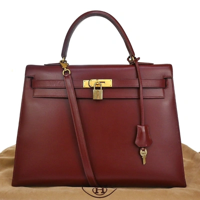 Hermes Hermès Kelly 35 Burgundy Leather Handbag ()