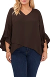 Vince Camuto Flutter Sleeve Crossover Georgette Tunic Top In Chocolate Torte