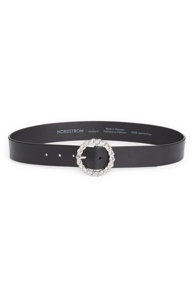 Nordstrom Lila Crystal Buckle Leather Belt In Black