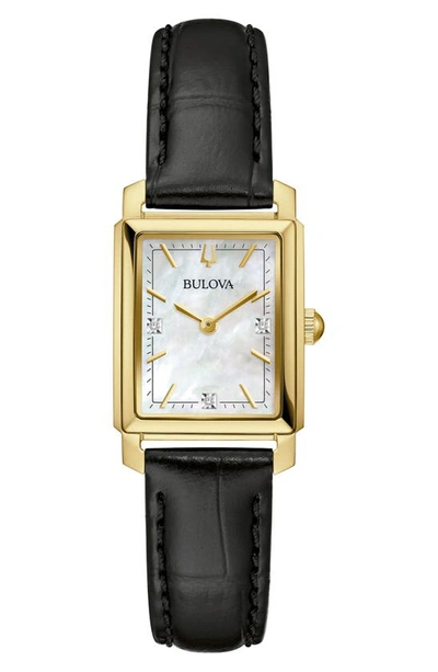 Bulova Sutton Rectangular Leather Strap Watch, 21mm In Goldone