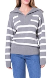 English Factory Stripe Cotton Zip Pullover In Heather Grey/ White