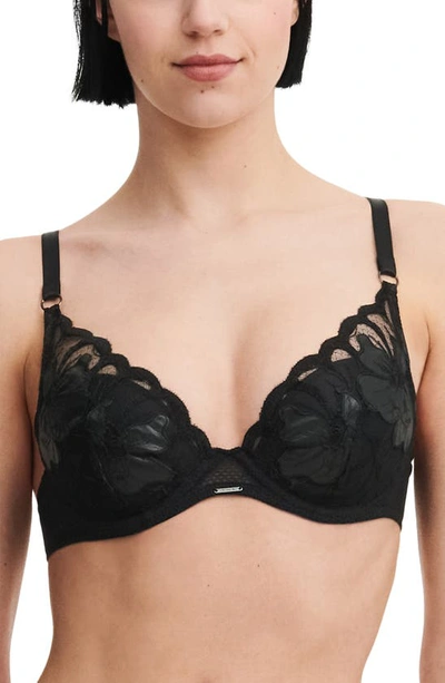 Chantelle Lingerie Fleurs Underwire Signature Plunge Bra In Faux Leather Black