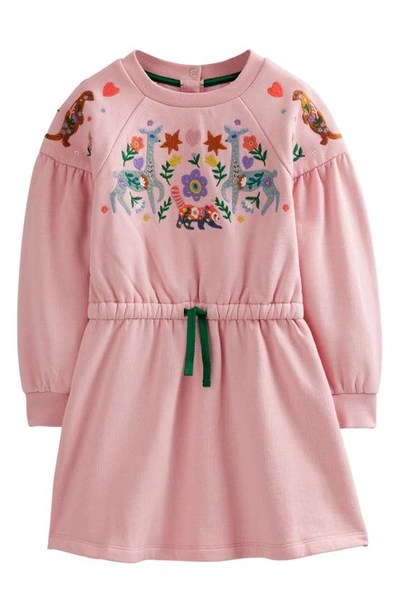 Mini Boden Kids' Folklore Embroidered Long Sleeve Sweatshirt Dress In Boto Pink Animals