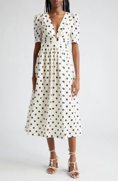 Zimmermann Polka Dot Pleated Linen Midi Dress In White