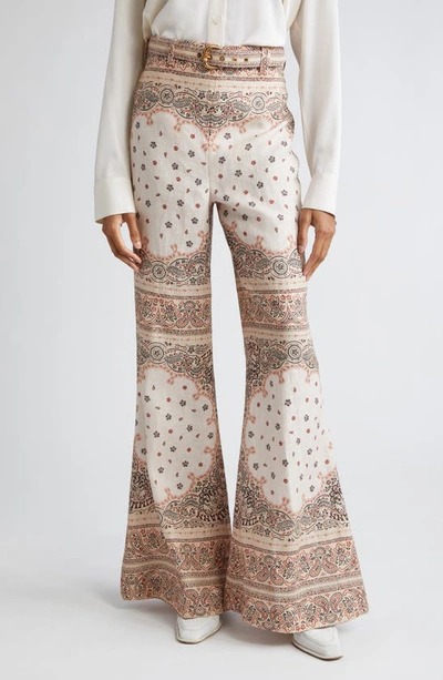 Zimmermann Paisley Print Belted High Waist Linen Wide Leg Trousers In Cream Bandana