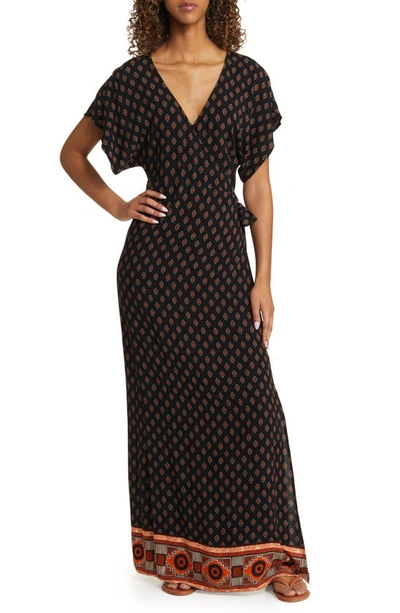 Rip Curl Pacific Dreams Short Sleeve Maxi Wrap Dress In Black