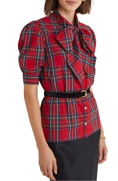 Vineyard Vines Plaid Bow Neck Stretch Cotton Poplin Button-up Shirt In Royal Stewart - Red