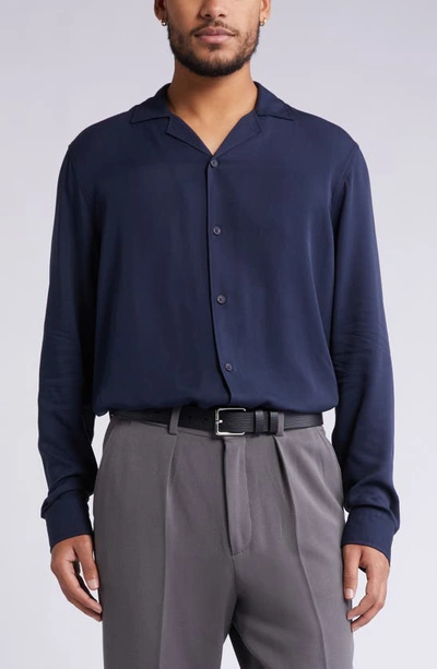Open Edit Solid Notch Collar Shirt In Navy Eclipse