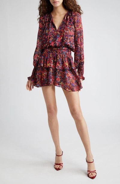 Ramy Brook Mabel Floral Long Sleeve Chiffon Minidress In Soiree Red French Floral Burnout