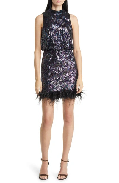 Eliza J Feather Trim Sequin Blouson Minidress In Black Multi