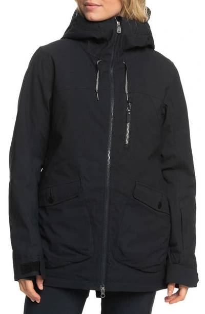 Roxy Stated Waterproof Hooded Snow Jacket In True Black