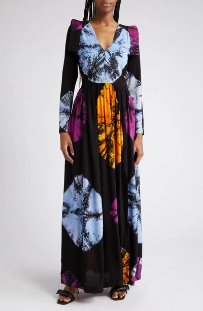 Busayo Dola Print Long Sleeve Maxi Dress In Black Multi