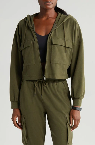 Zella Utility Zip Hoodie In Olive Night