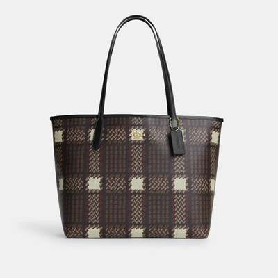Coach Outlet City Tote With Brushed Plaid Print In Brown
