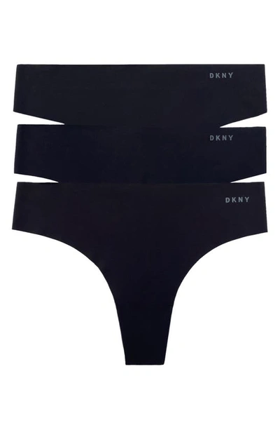Dkny Litewear Cut Anywhere 3-pack Thongs In Black/ Graphite