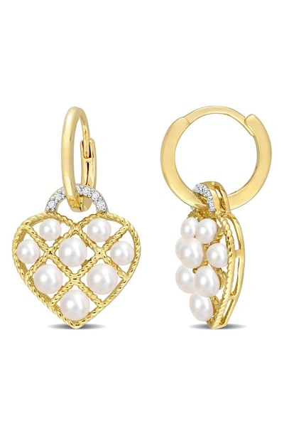 Delmar 2.5-3mm Cultured Freshwater Pearl Heart Drop Earrings In Gold