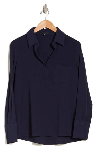 Pleione Textured Long Sleeve Tunic Top In Navy