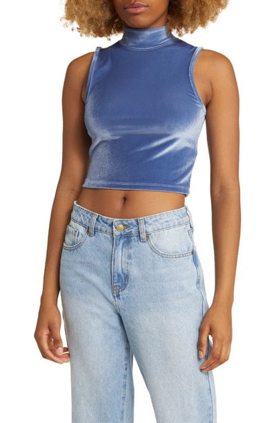 Bp. Sleeveless Mock Neck Crop Velour Top In Blue Sterling