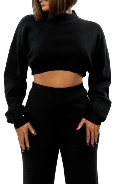 Dai Moda Mock Neck Crop Wool Blend Sweater In Black