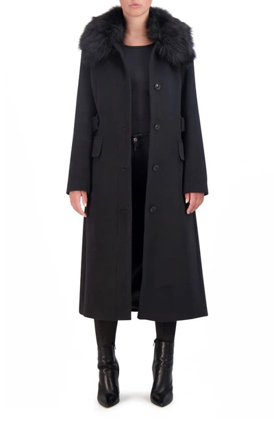 Cole Haan Signature Belted Faux Fur Collar Wool Blend Coat In Black