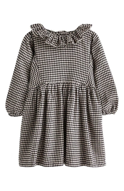 Next Kids' Puppytooth Ruffle Collar Long Sleeve Cotton Dress In Black