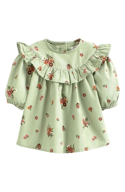 Next Babies' Kids' Ditsy Floral Long Sleeve Ruffle Corduroy Dress In Green