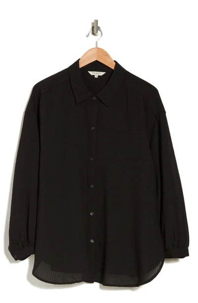 Max Studio Grid Textured Long Sleeve Button-up Shirt In Black