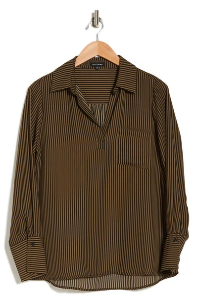 Pleione Long Sleeve Pocket Tunic Shirt In Olive/ Black Stripe