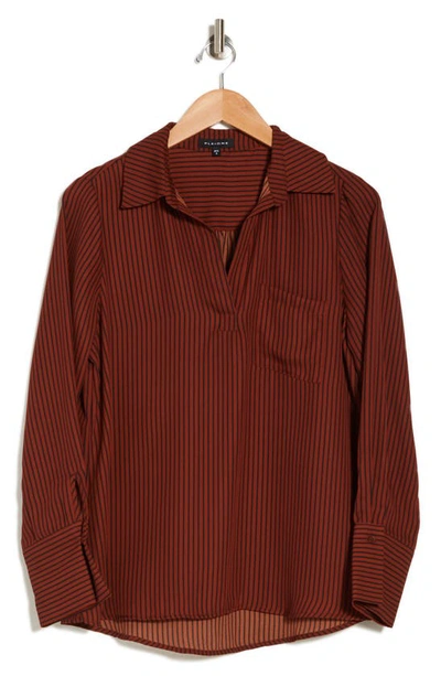 Pleione Long Sleeve Pocket Tunic Shirt In Brown/ Black Stripe