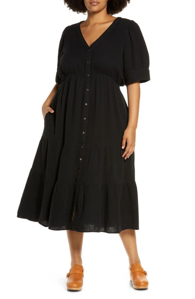 Madewell Lightspun Tiered Button Front Midi Dress In True Black