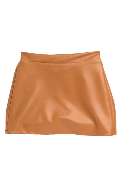 Walking On Sunshine Kids' Faux Leather Pull-on Skirt In Camel