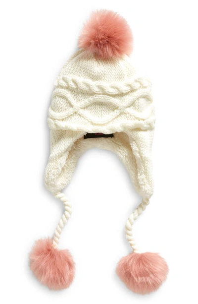 Surell Kids' Fleece Lined Cable Knit Beanie With Faux Fur Pompoms In White/ Dusty Rose