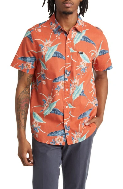 Brixton Charter Regular Fit Tropical Short Sleeve Button-up Shirt In Burnt Red/ Pacific Blue