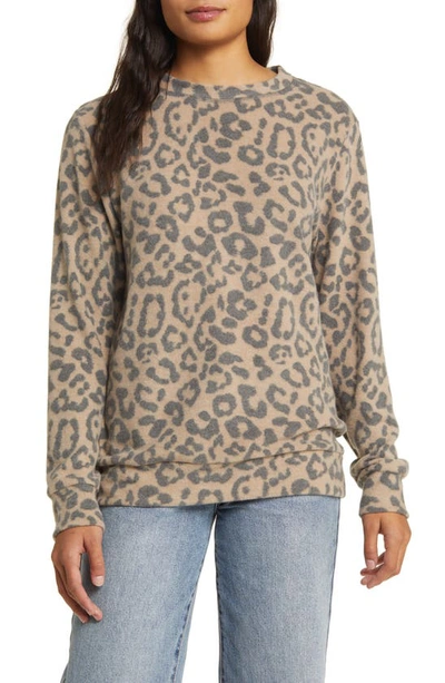 Loveappella Leopard Print Long Sleeve Hacci Knit Top In Camel/ Charcoal