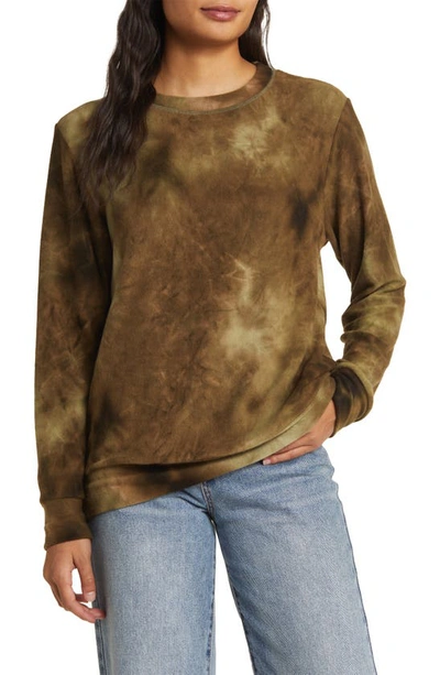 Loveappella Tie Dye Long Sleeve Hacci Knit Top In Olive