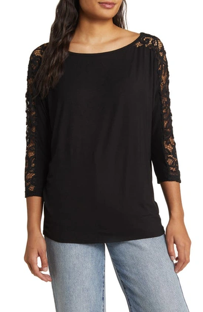 Loveappella Lace Long Sleeve Top In Black