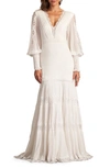 Tadashi Shoji Pintuck Detail Long Sleeve Gown In Ivory