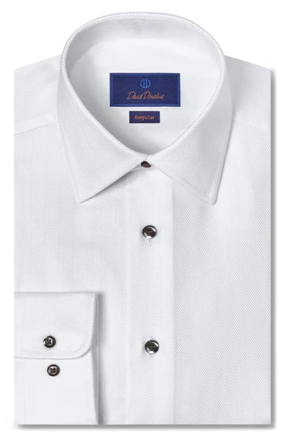 David Donahue Regular Fit Solid Herringbone Dress Shirt In White