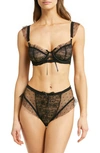 Hauty Ruffle Dotted Mesh & Lace Underwire Bra & Panties Set In Black