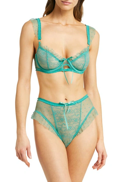 Hauty Ruffle Dotted Mesh & Lace Underwire Bra & Trouseries Set In Green